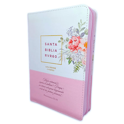 Biblia Mujer Virtuosa con Cierre Compacta 11 puntos RV1960 imit piel blanca floral con índice