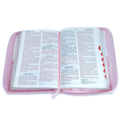 Biblia con Cierre Compacta 11 puntos RV1960 imit piel blanca y rosa floral con índice - Proverbios 31:30