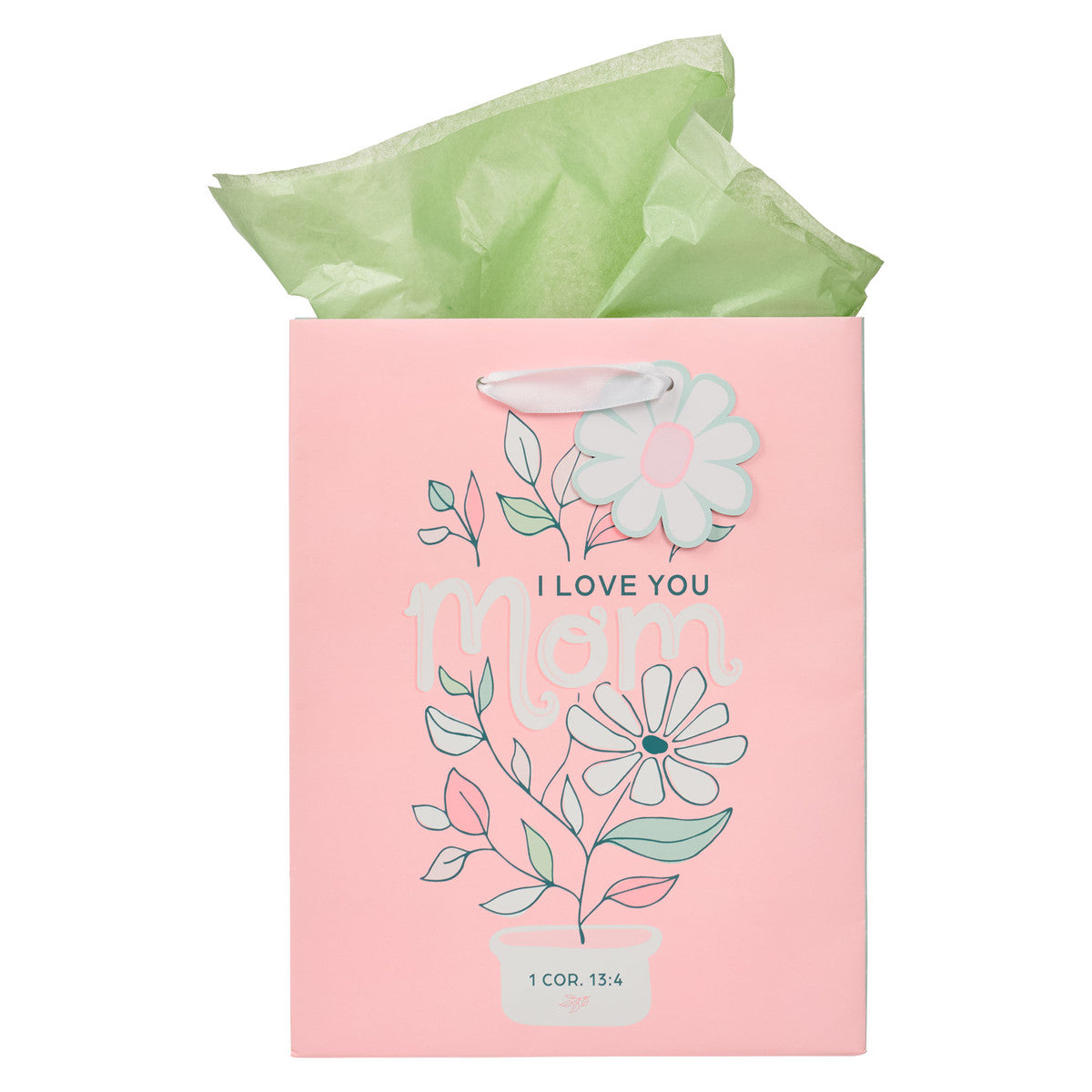 I Love You Mom Pink and White Daisy Medium Gift Bag - 1 Corinthians 13:4