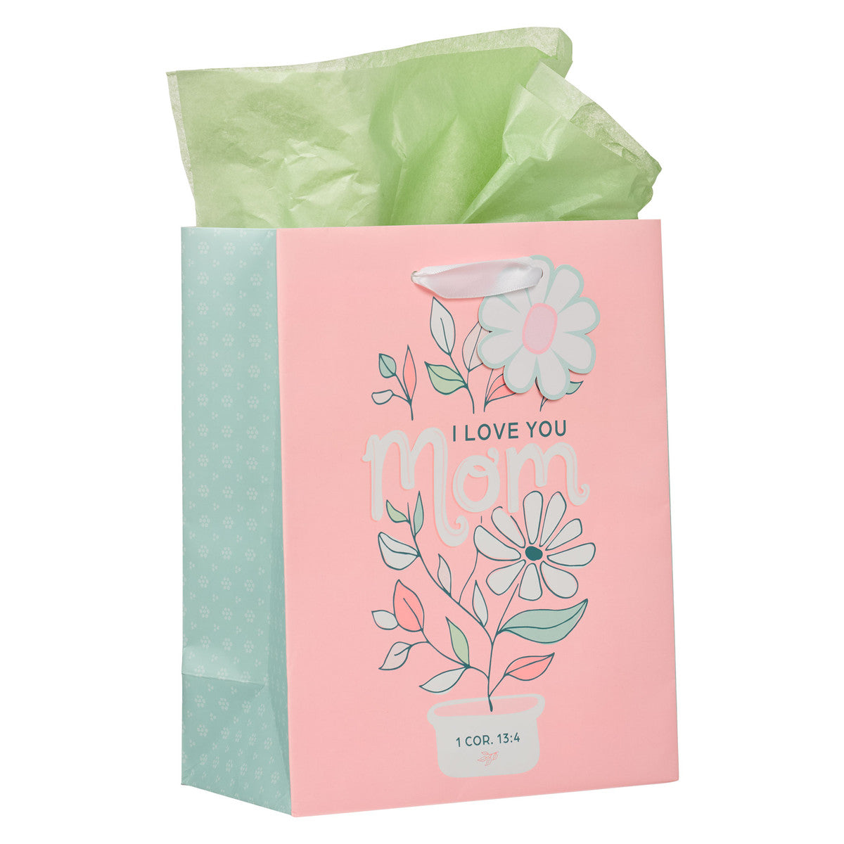 I Love You Mom Pink and White Daisy Medium Gift Bag - 1 Corinthians 13:4